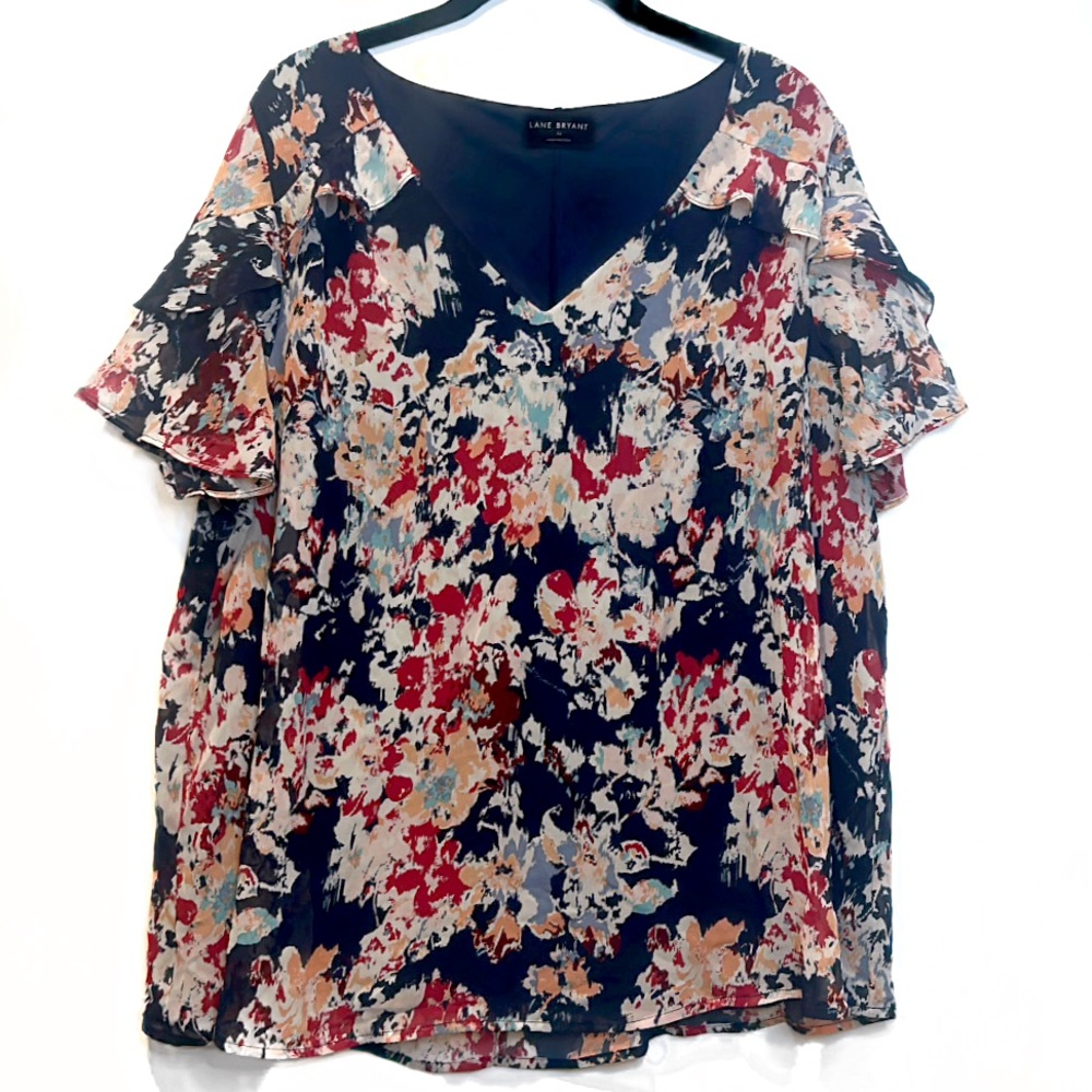 Lane Bryant Navy & Floral Women's V Neck Blouse Flutter Sleeves Sz 16